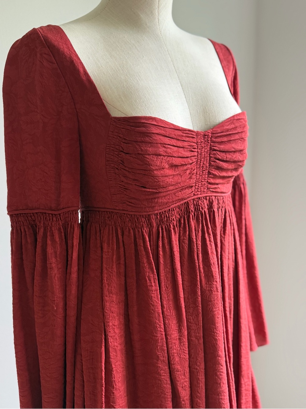 Free People Rust Deep Burgundy Red Square-Neck Long Sleeve Babydoll Dress - Picture 4 of 8